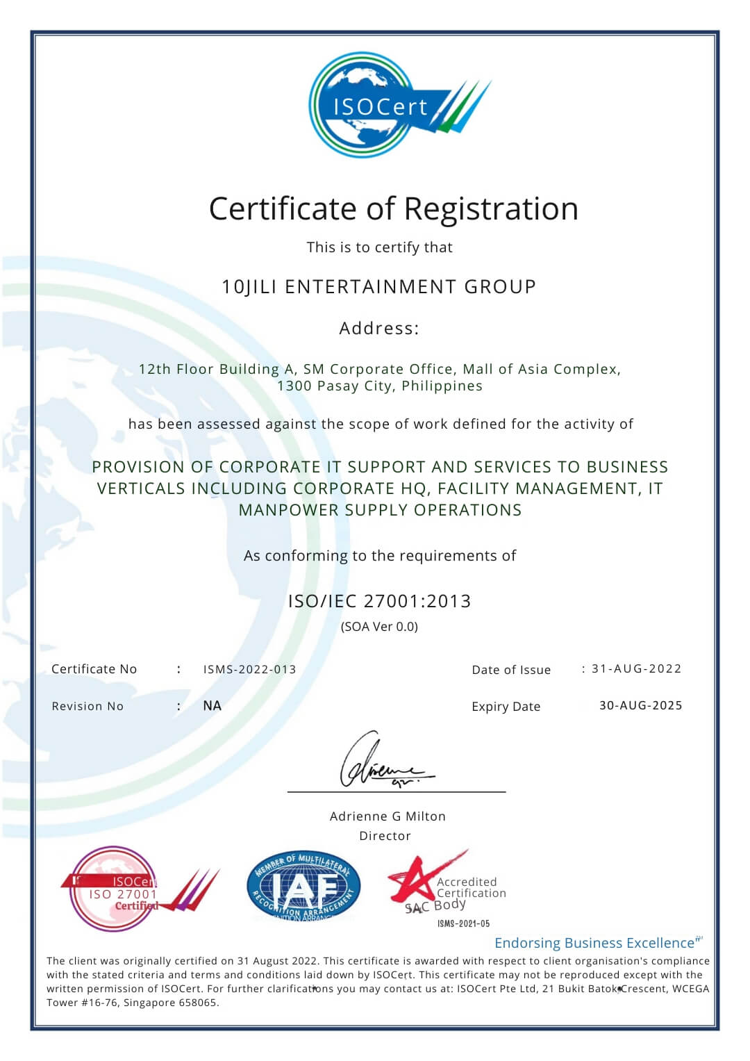 10jili has ISO/IEC 27001:2013 certification