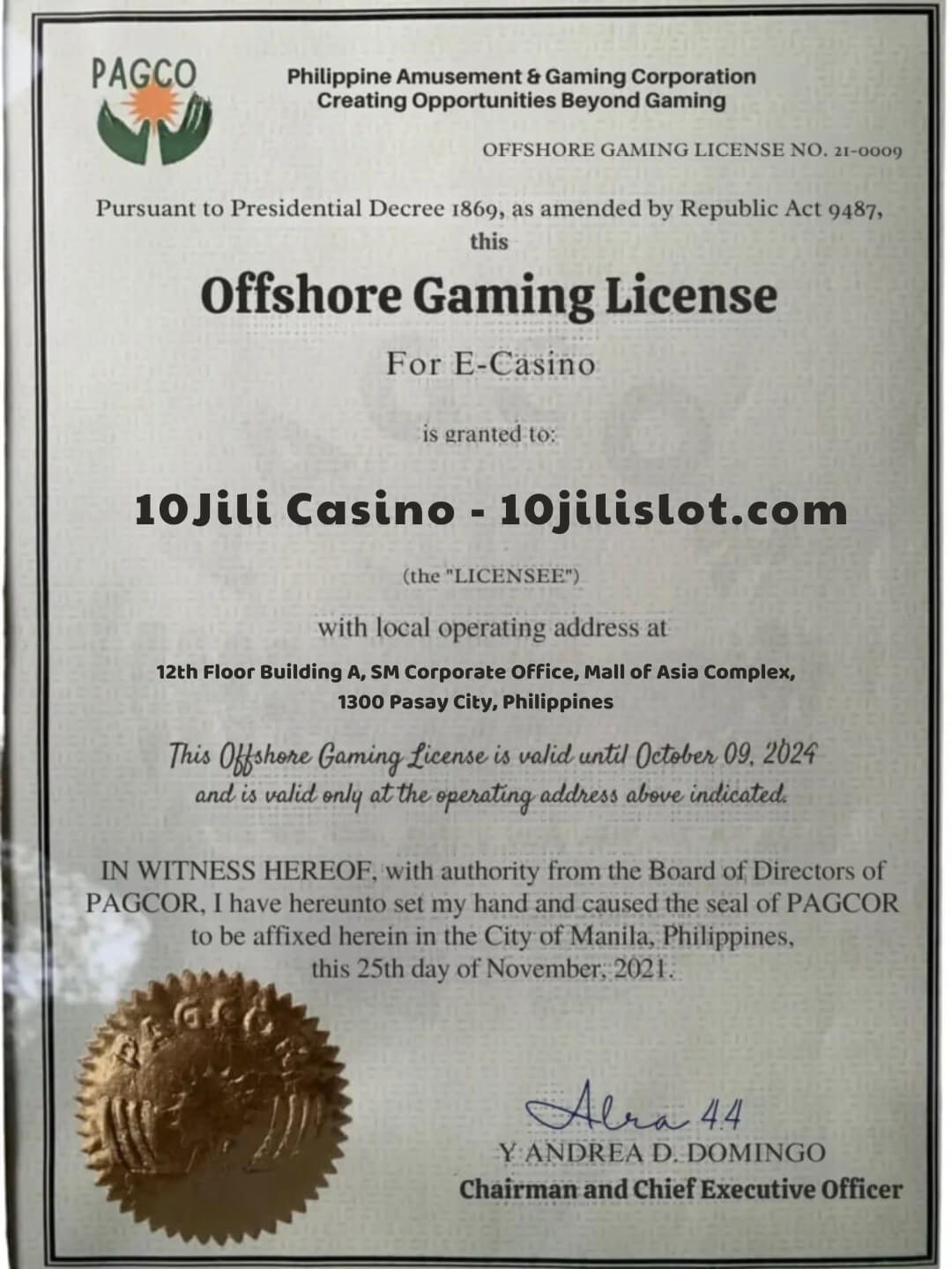 10Jili Casino License Information